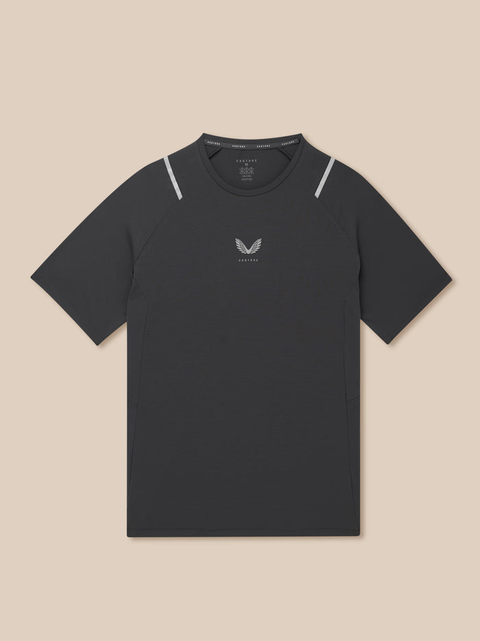 Apex Training T Shirt in gunmetal with reflective shoulder details and Castore logo at center chest
