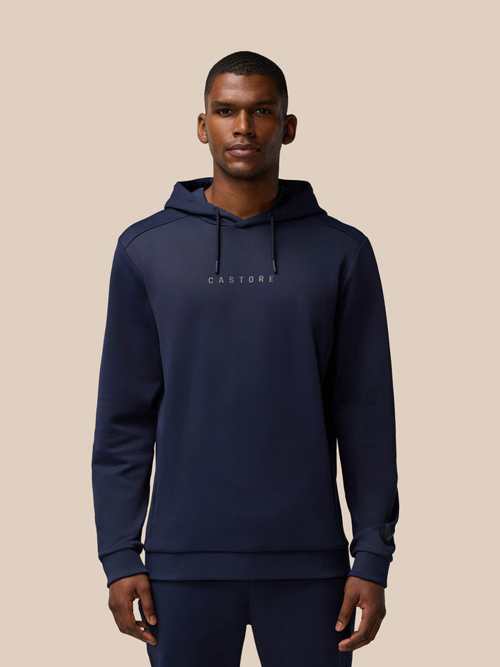 Front view of navy Flex Lifestyle Thermo Hoodie with Castore wordmark on the chest and hood drawstrings
