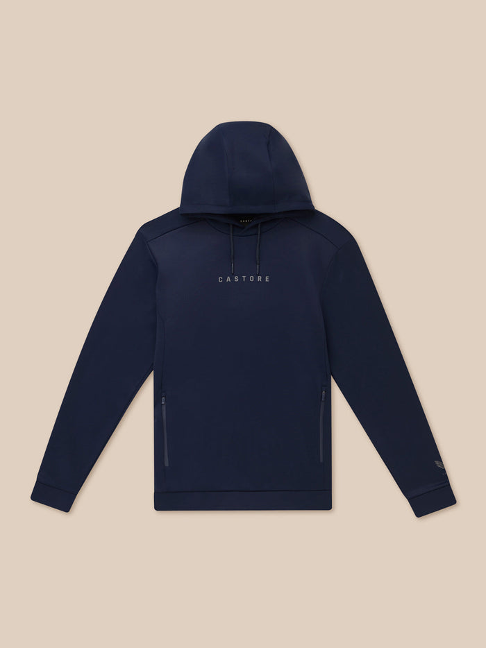 Flat lay navy Flex Thermo Hoodie with hood and centered Castore wordmark on chest