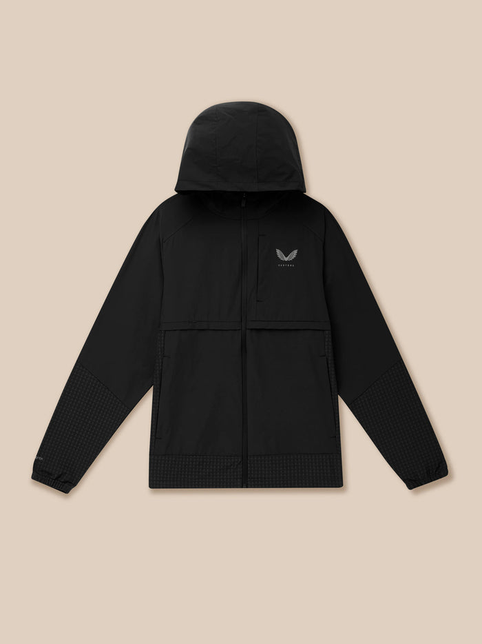 Black hooded Flex Winterised Woven Jacket with ProTek water-repellent finish, front zip and left chest Castore logo
