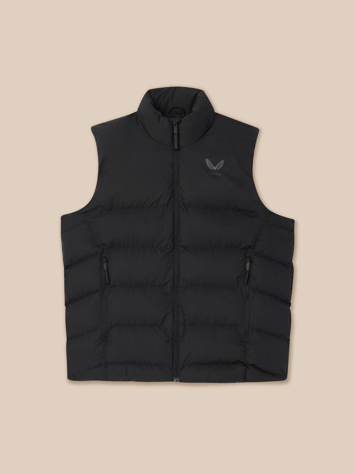 Front view of black sleeveless puffer gilet with center zip and zip pockets