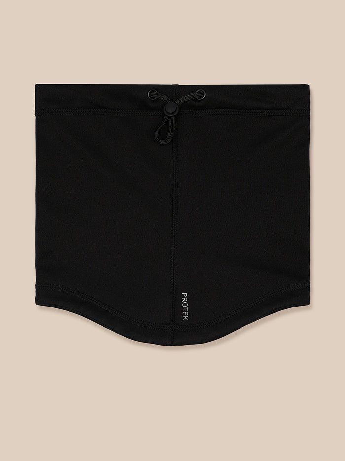 Black PROTEK snood with drawstring closure and vertical PROTEK branding