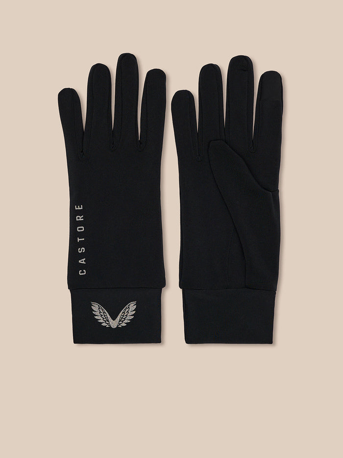 Pair of black Castore Active Gloves laid flat with reflective branding and wing logo.