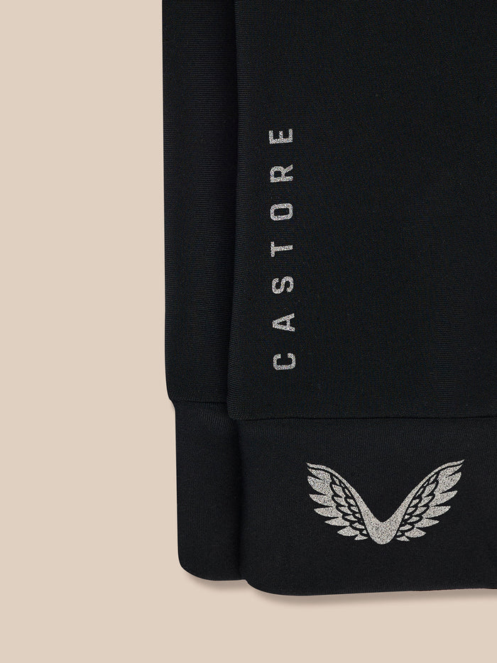 Close-up of a black glove cuff showing reflective CASTORE text and wing emblem.