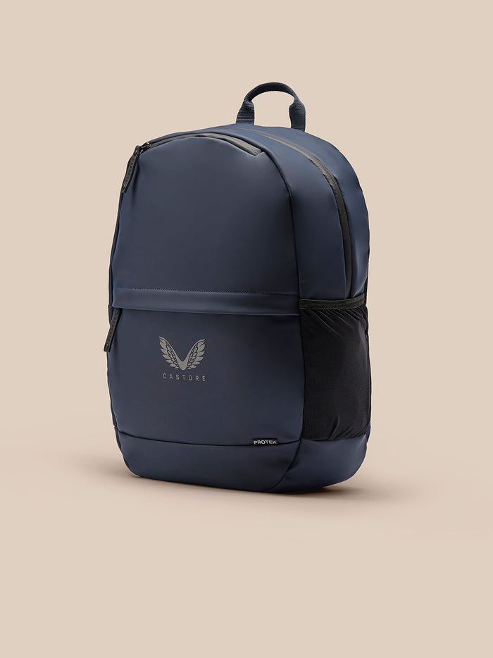 Active Small Backpack in navy with top carry handle, front zip pocket and a silver Castore logo on the front panel.