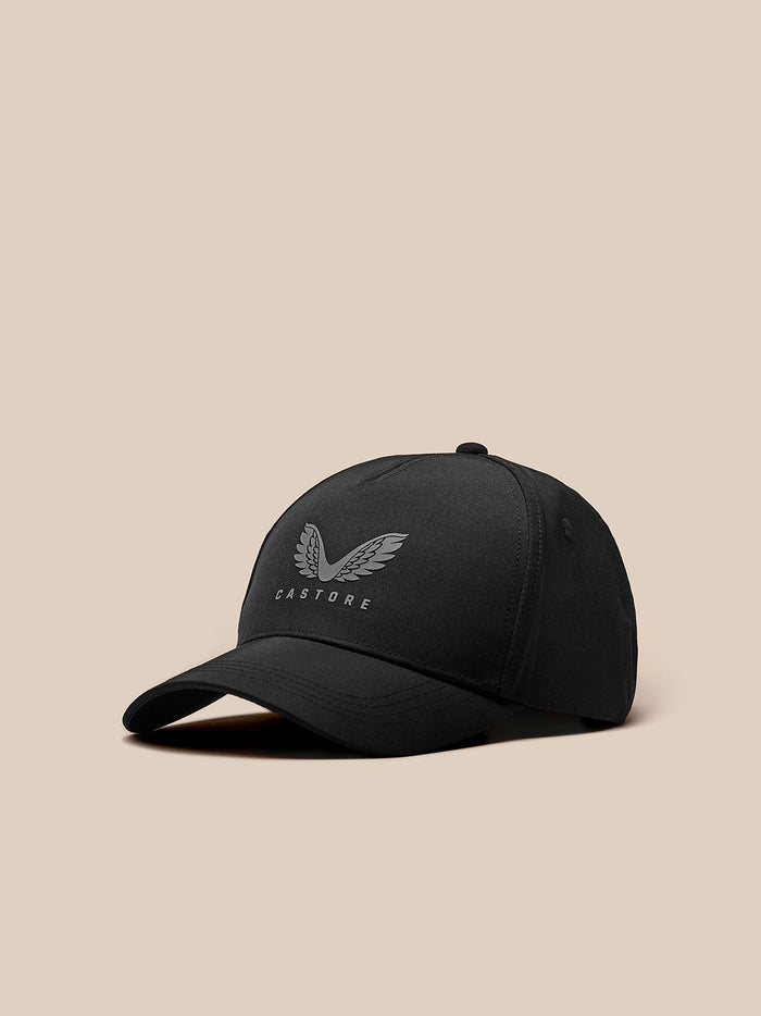 Front view of a black nylon cap with a gray Castore wing logo on the front panel