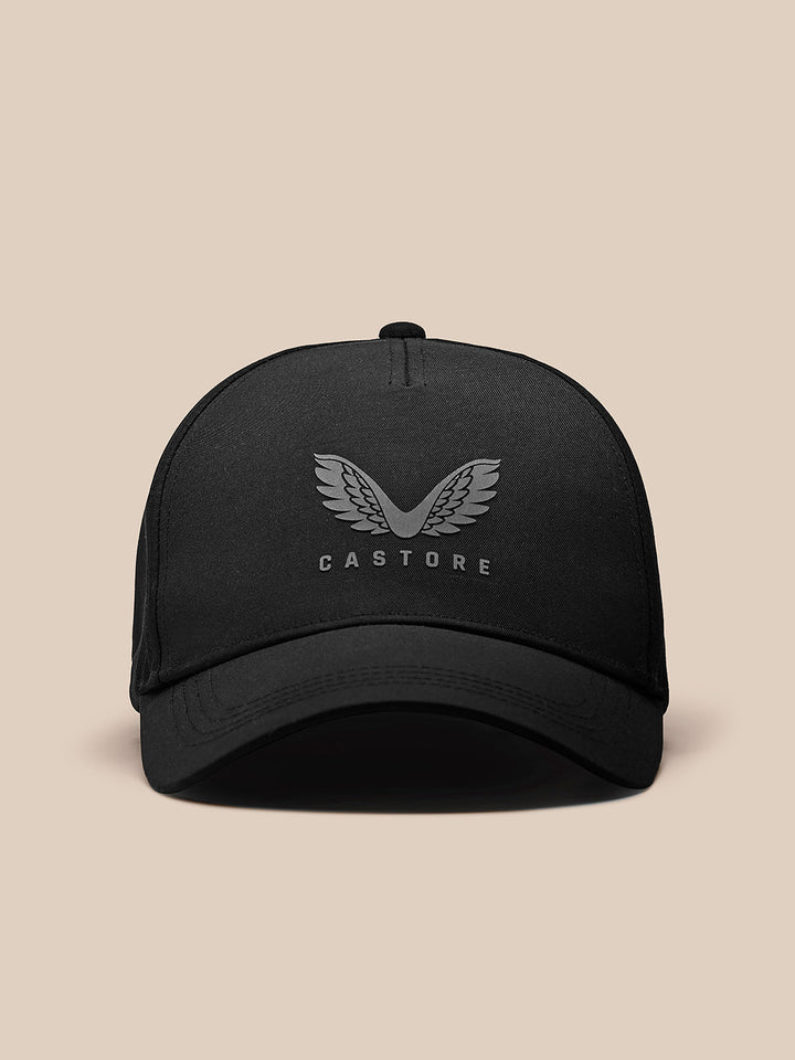 Back view of a black nylon cap showing Castore branding on the rear panel with an adjustable strap