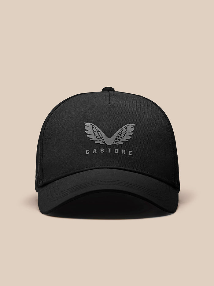 Back view of a black nylon cap showing Castore branding on the rear panel with an adjustable strap