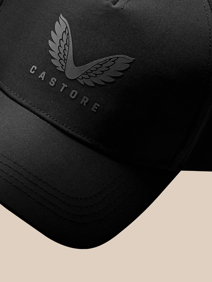 Black cap with embroidered Castore wing logo on the front panel