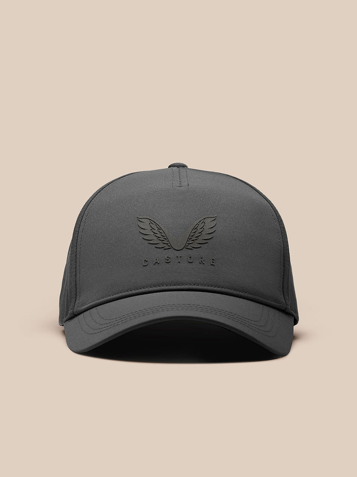 Front view of charcoal cap featuring embossed Castore wings logo and brand lettering