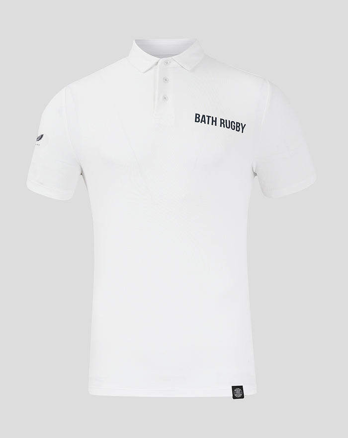 White Bath Rugby polo shirt with navy logo on the chest and a small patch at the hem