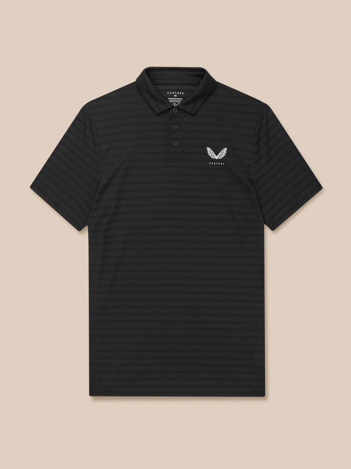 Close-up of the black Pinnacle Polo collar and chest Castore logo.