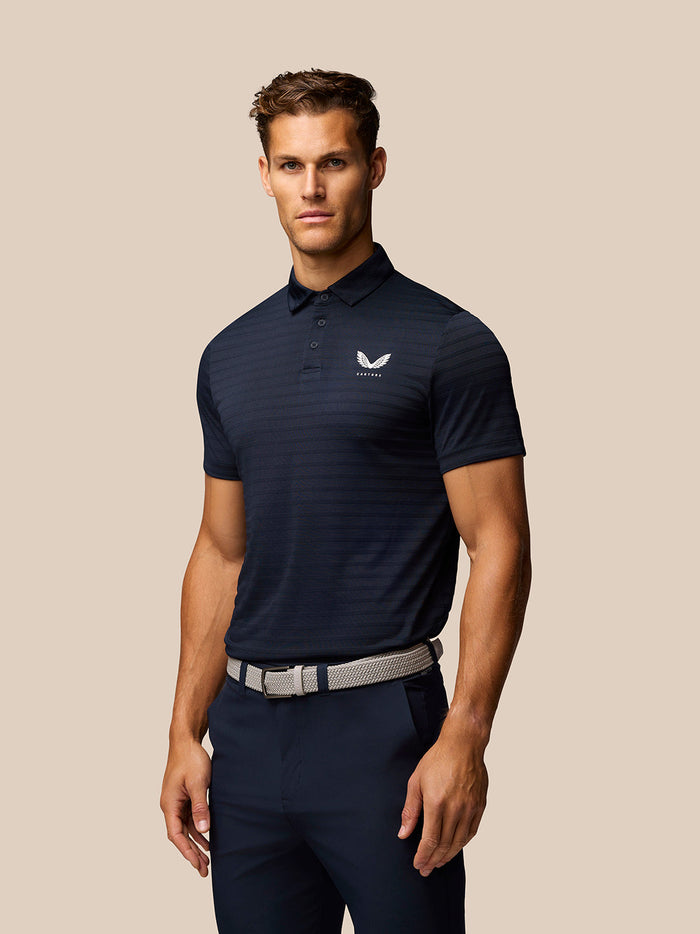 Navy Pinnacle Pique Stripe Polo with short sleeves and three-button collar Castore logo on chest and upper back.