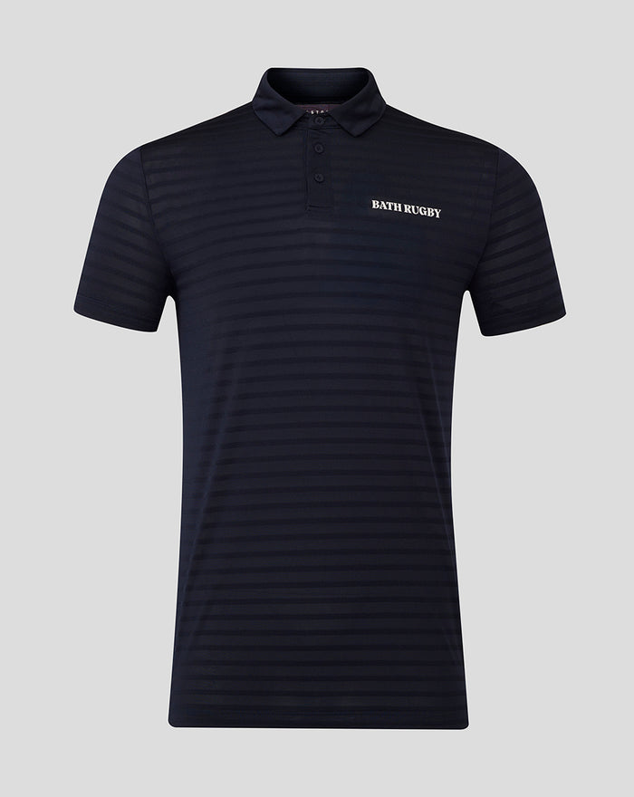 Navy striped golf polo with short sleeves and Bath Rugby branding on the chest