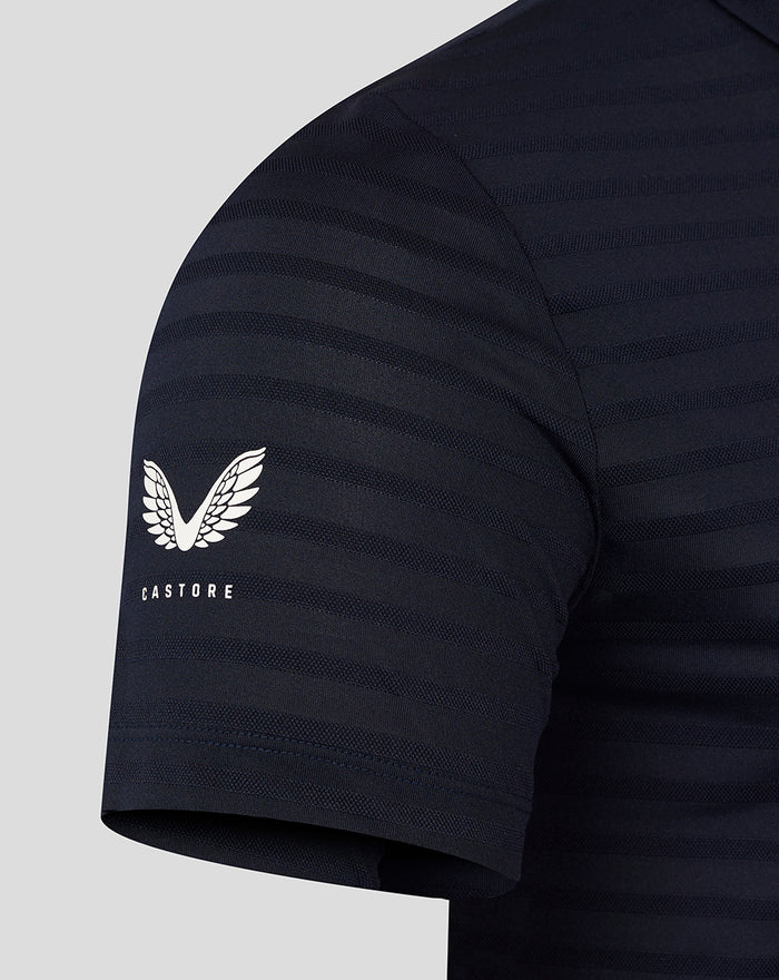 Navy striped polo shirt with Castore wing logo on the sleeve