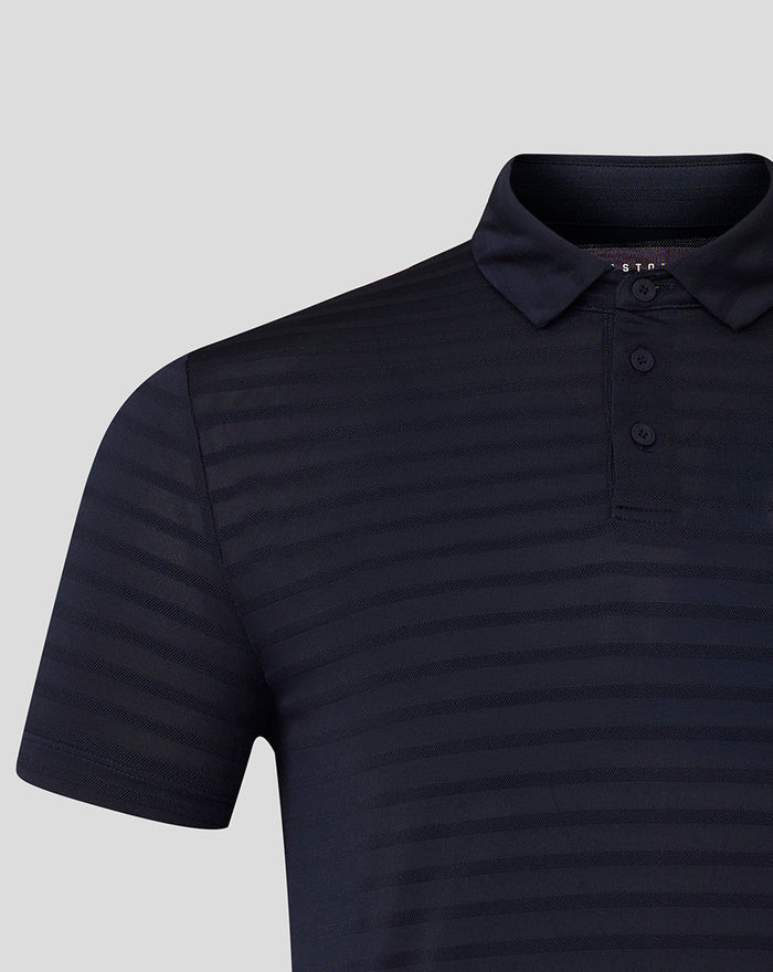 Navy golf polo with subtle horizontal stripes and a polo collar