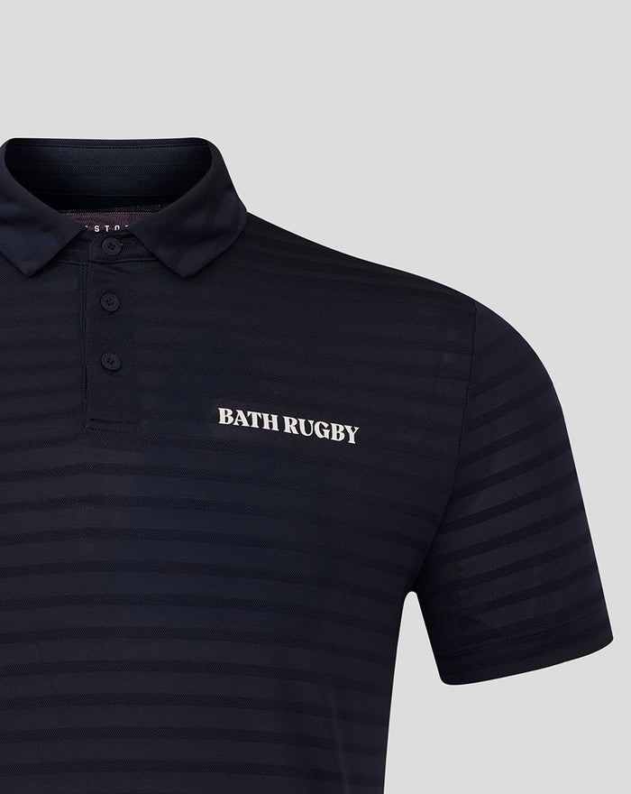 Navy striped polo shirt with Bath Rugby logo on the chest
