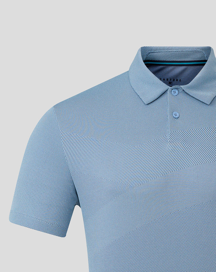 Sky blue golf polo collar close up showing textured engineered knit fabric