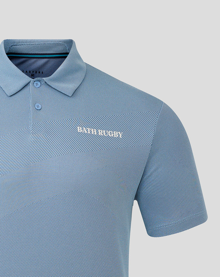 Sky blue polo with diagonal knit panels and Bath Rugby logo on the chest