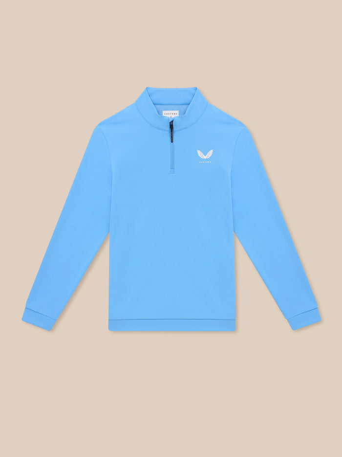 Close-up of Golf Club Classic Quarter Zip Top in Cool Blue with left chest logo.