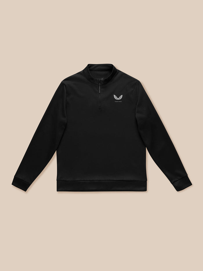 Black men's Golf Club Classic quarter zip top with stand collar and Castore logo on left chest.