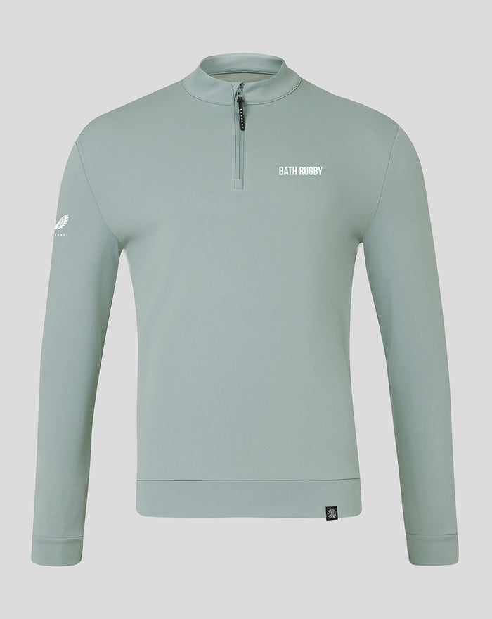 Light blue men's golf club classic quarter zip top with stand collar and chest logo