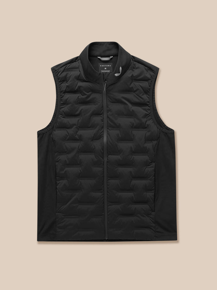 Front view of a black Golf Pinnacle Gilet with full zip and quilted panels.