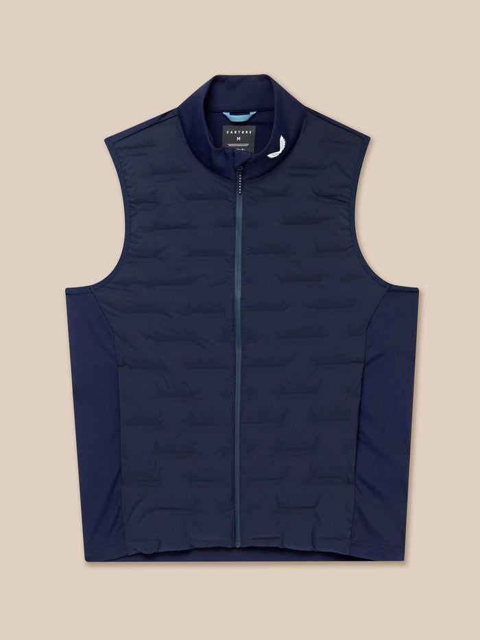 Front view of midnight navy golf gilet with full length zipper and stand collar