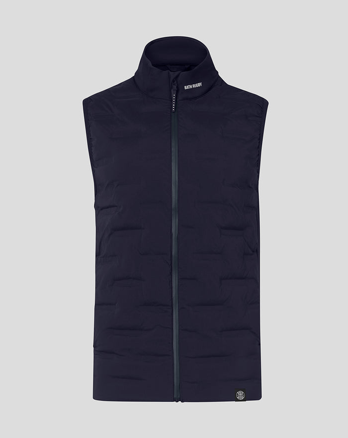 Navy blue lightweight golf hybrid gilet with stand collar quilted panels and concealed side pockets