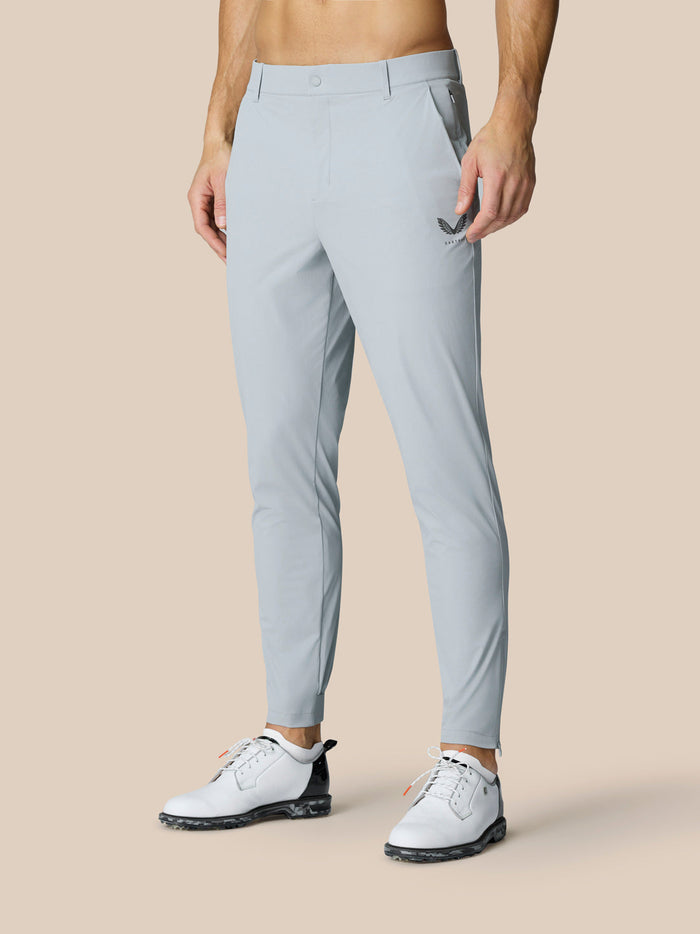 Back view of light grey Golf Pinnacle 32 inch trousers with Castore branding on right thigh and rear pocket
