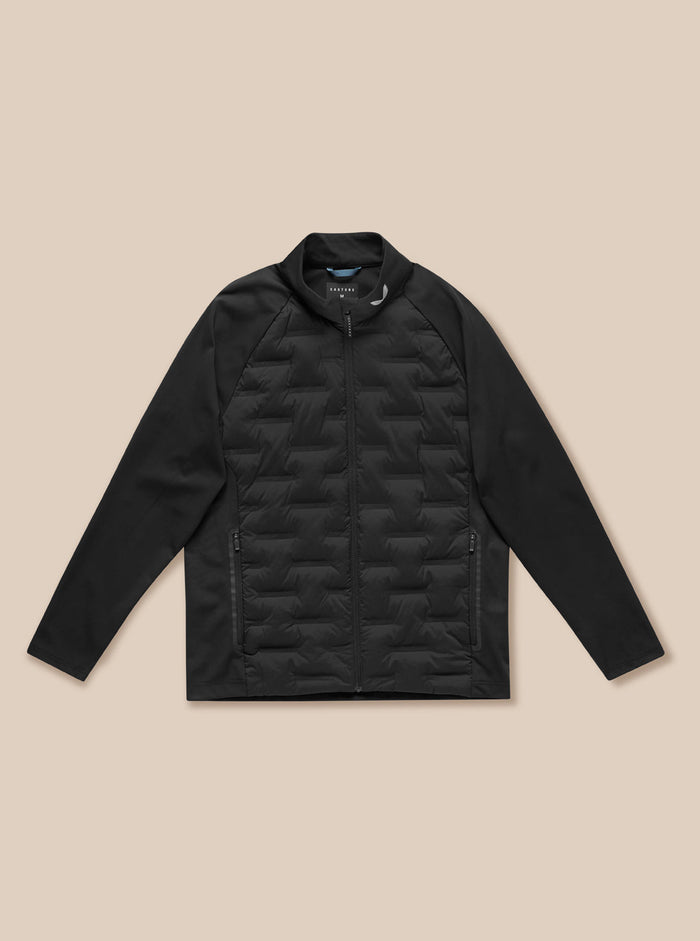 Black Pinnacle Golf Jacket with quilted front panels, stand collar, full zip and water resistant pockets