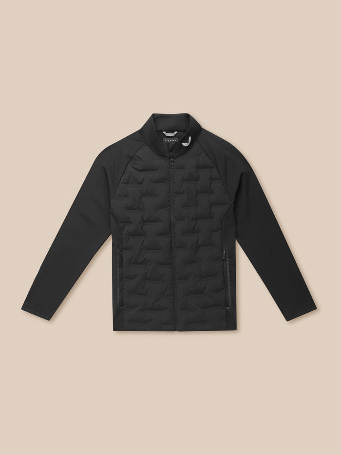 Front view of black Golf Pinnacle Jacket laid flat showing quilted front panels and full-length zipper.