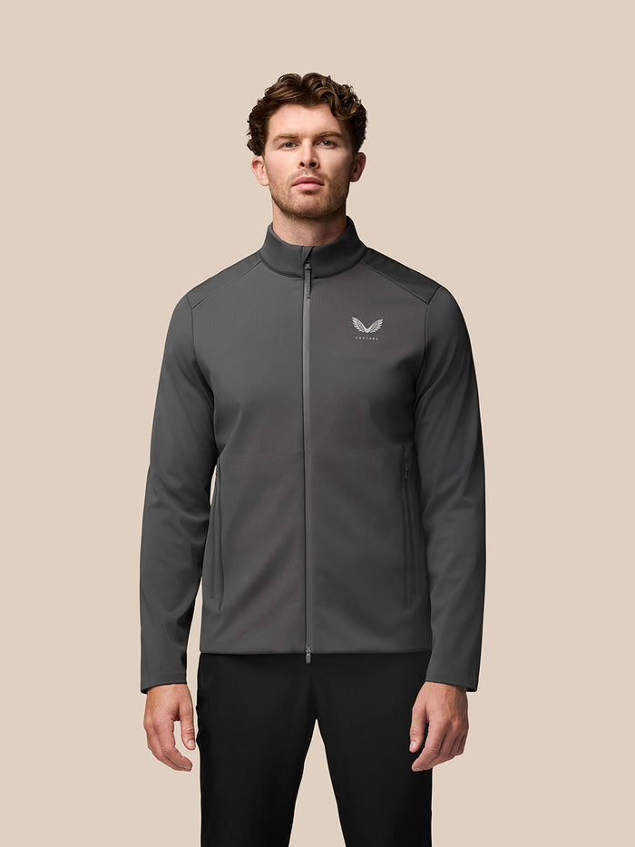 Charcoal Garcia Hybrid Jacket with stand collar and full front zip shown on a model