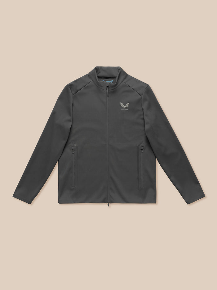 Charcoal Garcia Hybrid Jacket with stand collar and full zip, water resistant pockets, Castore logo on the chest and Protek branding on the cuff