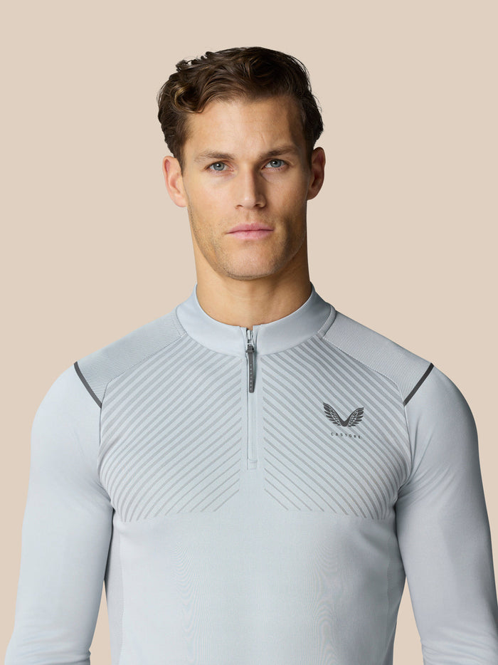 Male model wearing Pinnacle LVS 1/4 Zip Top in mid grey with diagonal stripe knit against a beige background
