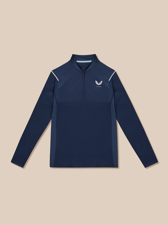 Navy Pinnacle LVS quarter zip golf top with diagonal vent panels and stand collar