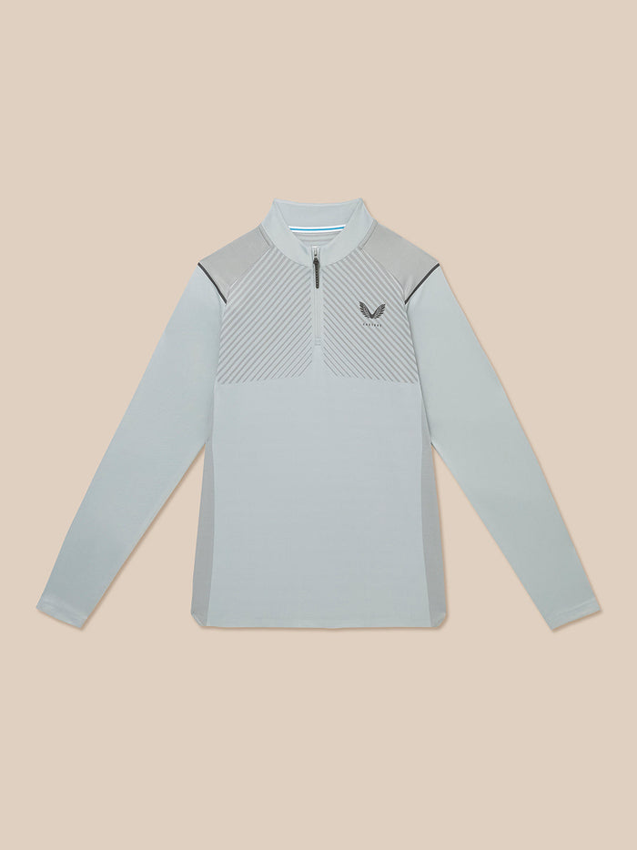 Front view of Pinnacle LVS 1/4 Zip Top laid flat in mid grey showing the half zip and diagonal knit pattern