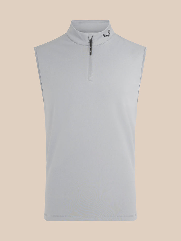 Front view of light grey sleeveless golf gilet with high neck and half zip.