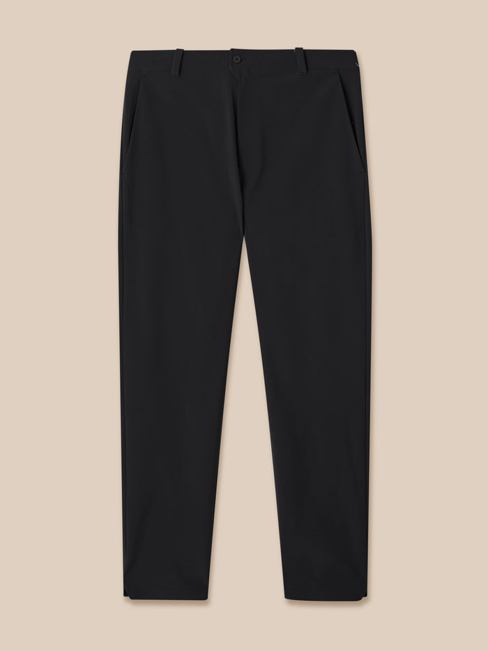 Front view of black golf winter trousers with belt loops and tailored leg lines