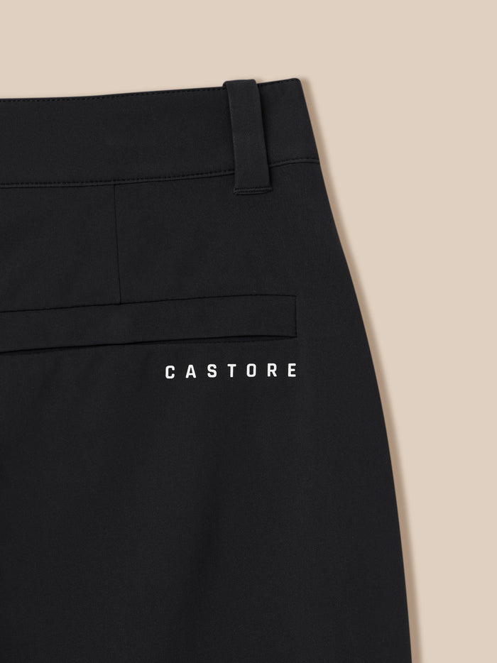 Close up of black golf winter trouser waistband with a belt loop and neat stitching