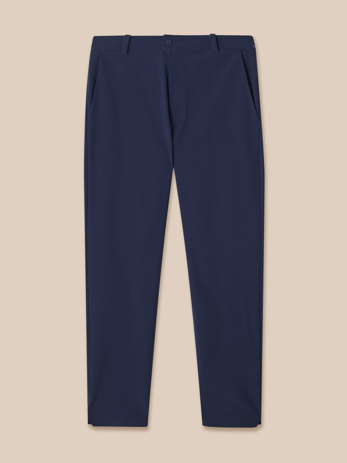 Front view of navy Golf Pinnacle Winter Trouser waistband with belt loops and button.