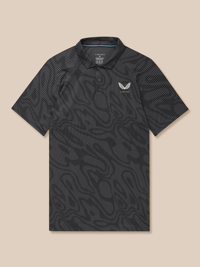 Front view of Golf Club Glow Printed Polo in gunmetal grey with Castore logo on left chest.