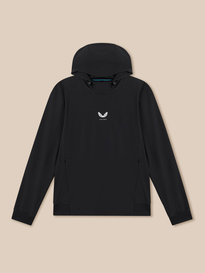 Front view of black Pinnacle Performance Hoodie with hood up and Castore logo at center chest