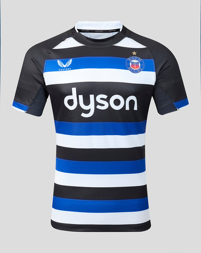 Bath Rugby 2026/27 home pro shirt front with black white and blue stripes and Dyson sponsor