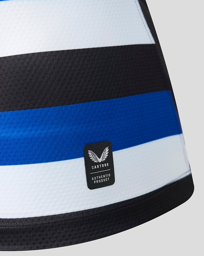 Close-up showing white black and blue horizontal stripes on Bath Rugby shirt with Castore badge