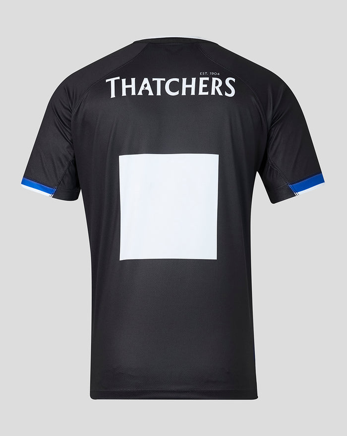Back view of Bath Rugby home replica shirt in black with THATCHERS logo and a white square on the back.