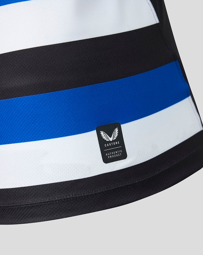 Bath Rugby 2026/27 home replica shirt close up showing white blue black stripes and Castore authentic product badge
