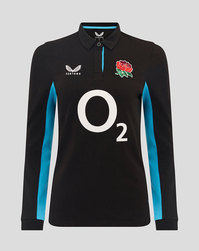 Front view of a black England Rugby Alternate Classic Long Sleeve Shirt with blue side panels, Rose crest left chest, O2 logo center, Castore logo right chest.