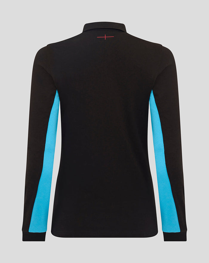 Back view of the black England Rugby Alternate Classic Long Sleeve Shirt with turquoise collar trim and turquoise side panels.