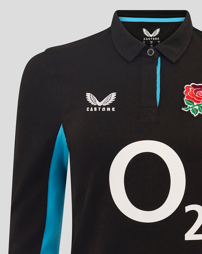 Women’s England Rugby long sleeve shirt in black with blue side panels, rose crest left chest, O2 logo center, Castore logo right chest.